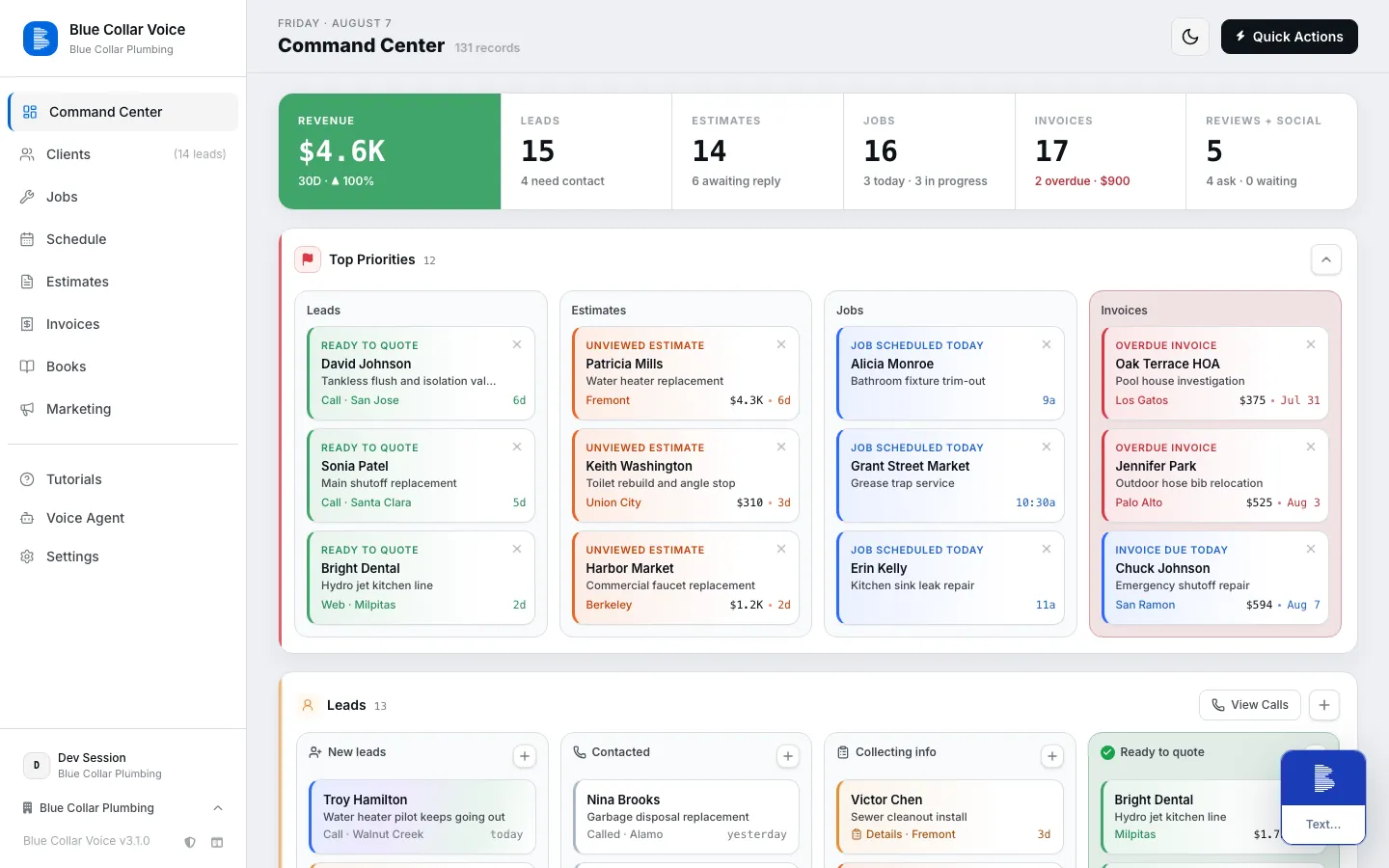 Blue Collar Voice one-screen dashboard showing calls, jobs, estimates, invoices, and workflow activity.