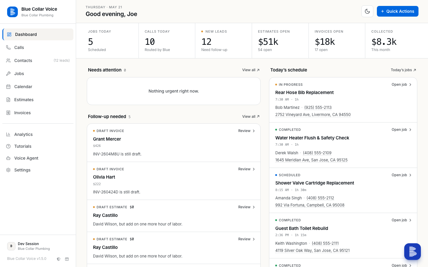 Blue Collar Voice desktop dashboard for field service management software