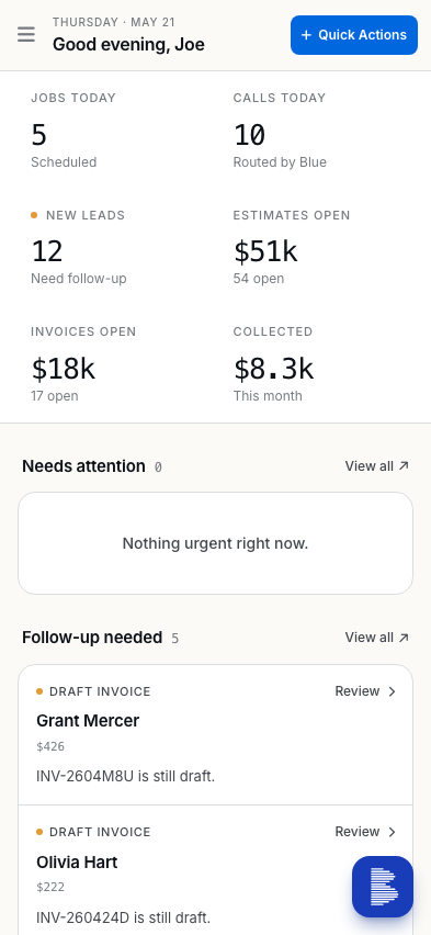Blue Collar Voice mobile dashboard for contractors