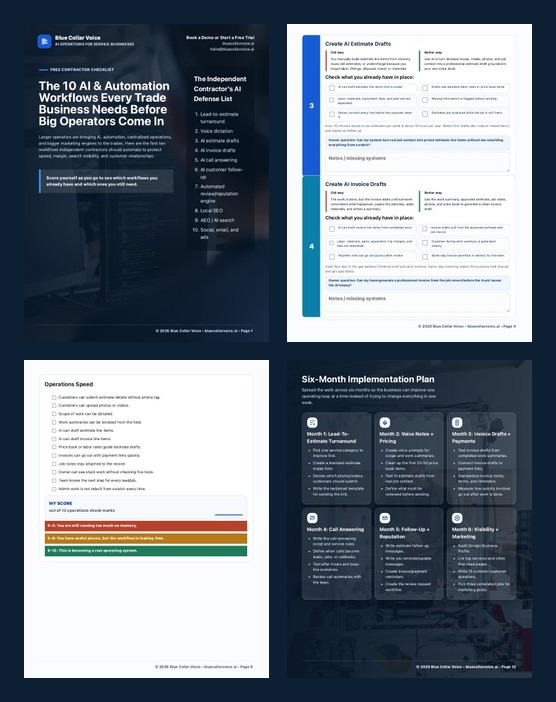 Preview pages from the Blue Collar Voice AI automation workflow worksheet