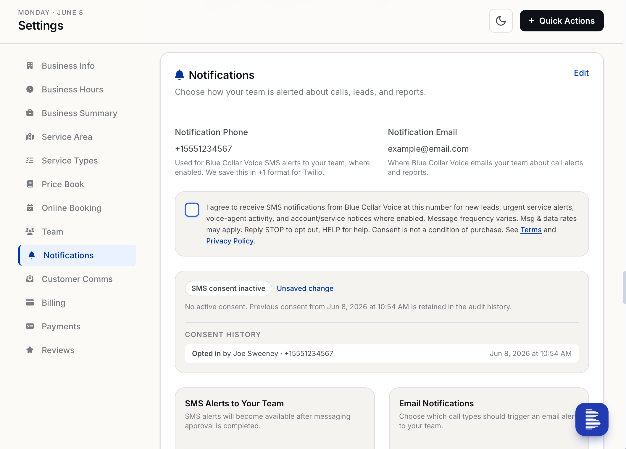 Blue Collar Voice web app SMS consent checkbox, unchecked by default, with full opt-in disclosure text